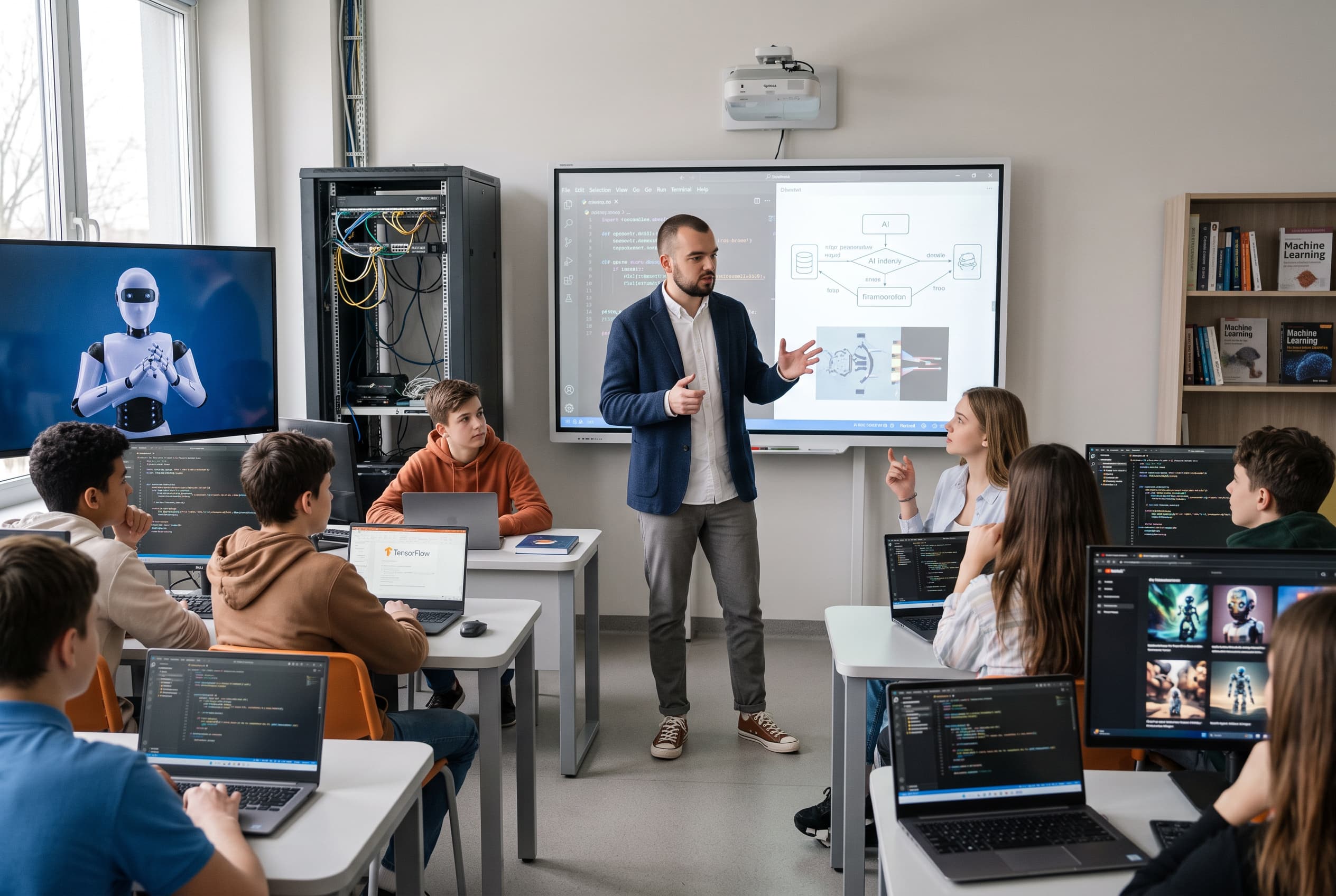 Илюстрация, генерирана с изкуствен интелект: преподавател обяснява схема пред ученици с лаптопи в компютърна зала